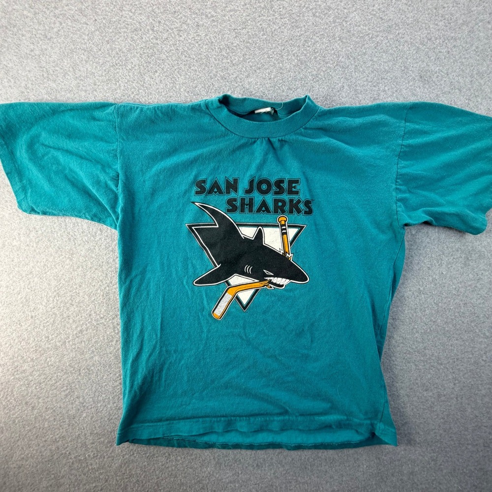Vintage San Jose Sharks T Shirt Youth L Teal 90s NHL Single Stitch Made in USA